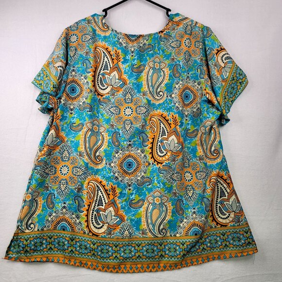 Lapogee Boho Paisley Print Tunic 3X Short Flutter Sleeve Blue/Orange Flowy India - Picture 5 of 13